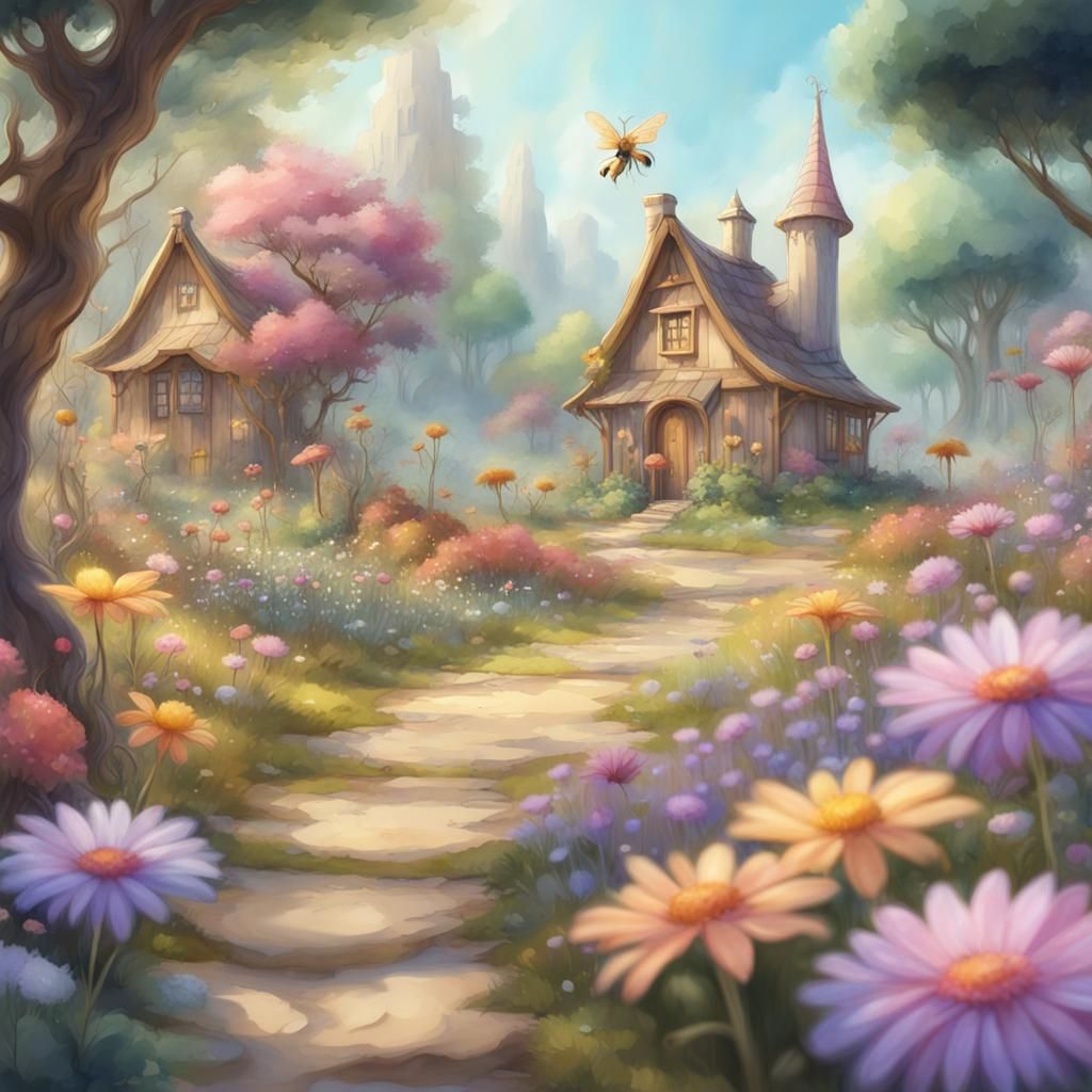 Whimsical Fairies in Pastel Watercolor Flower Garden
