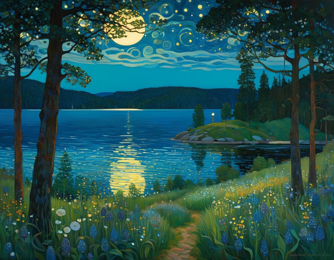 Swedish Lake Midsummer Night: Art Nouveau Painting