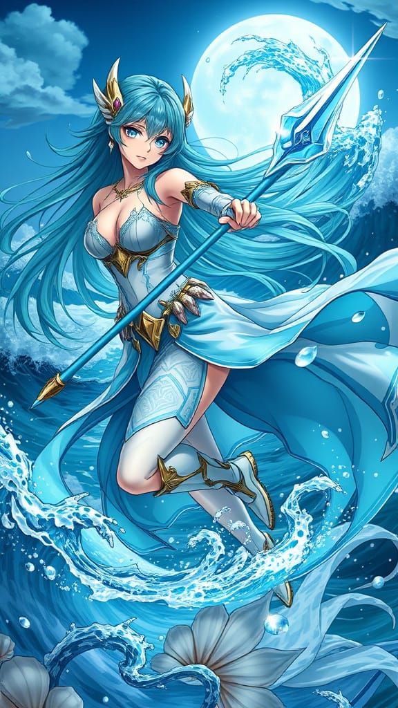 Anime Water Warrior with Trident in Oceanic Armor