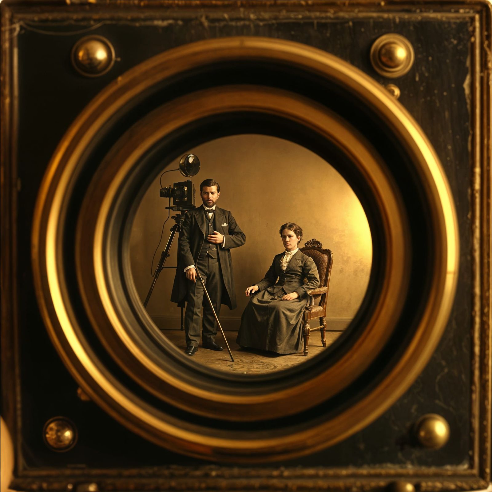 Vintage Camera Captures 19th Century Photographer, Sepia Ton...