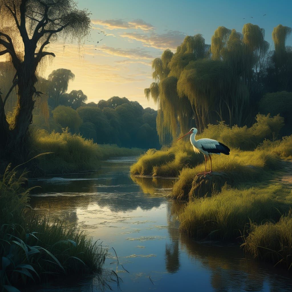 Stork by River in Golden Hour Matte Painting