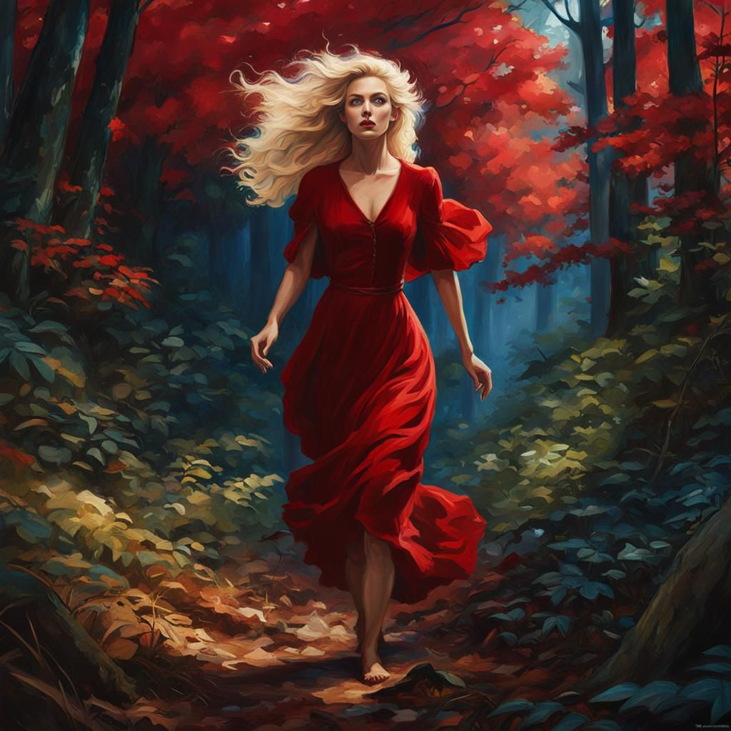 Woman in Red Dress: Expressionist Forest Escape