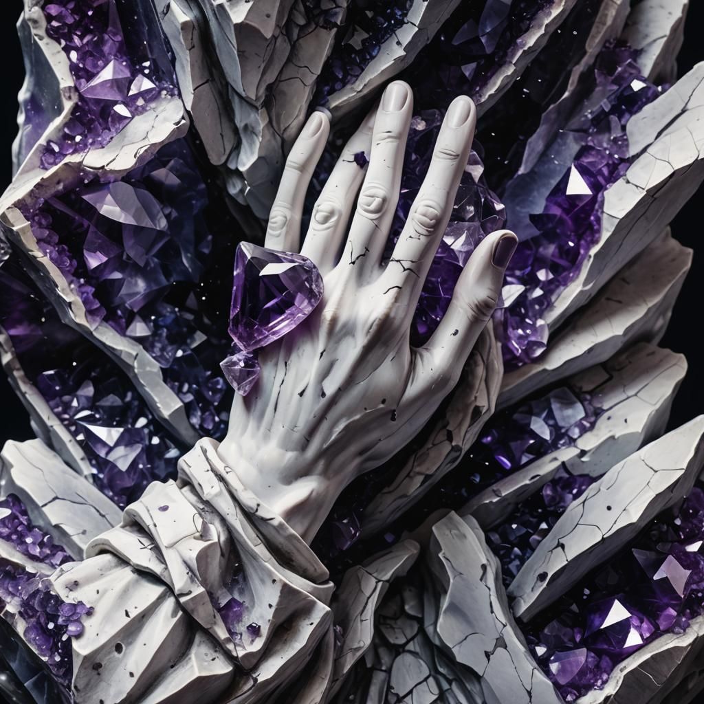 Amethyst Crystal Held in Stone Hands: Macro Photograph