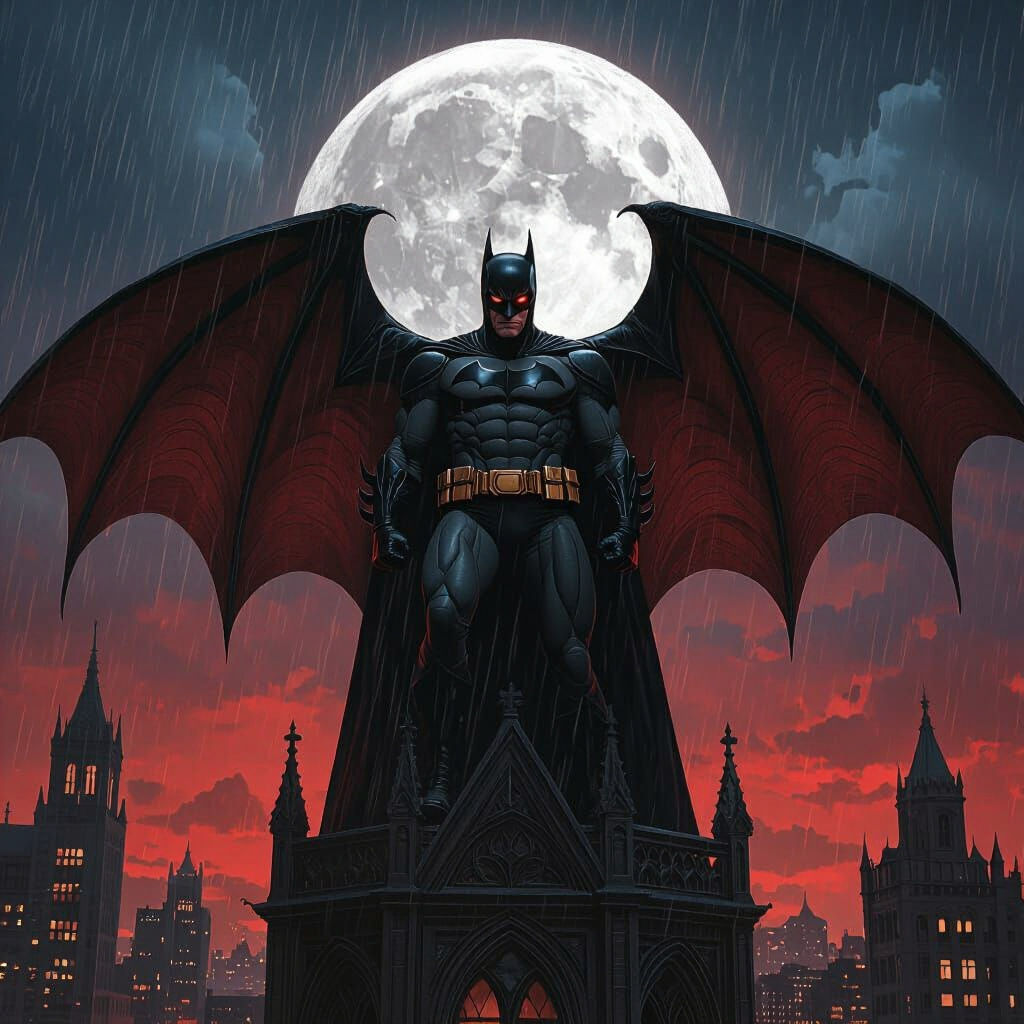 Batman with Bat Wings Over Rainy City in Dark Fantasy Art