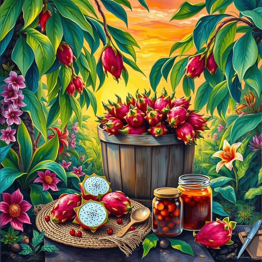 Vibrant Dragon Fruit Farm in Impressionist Style