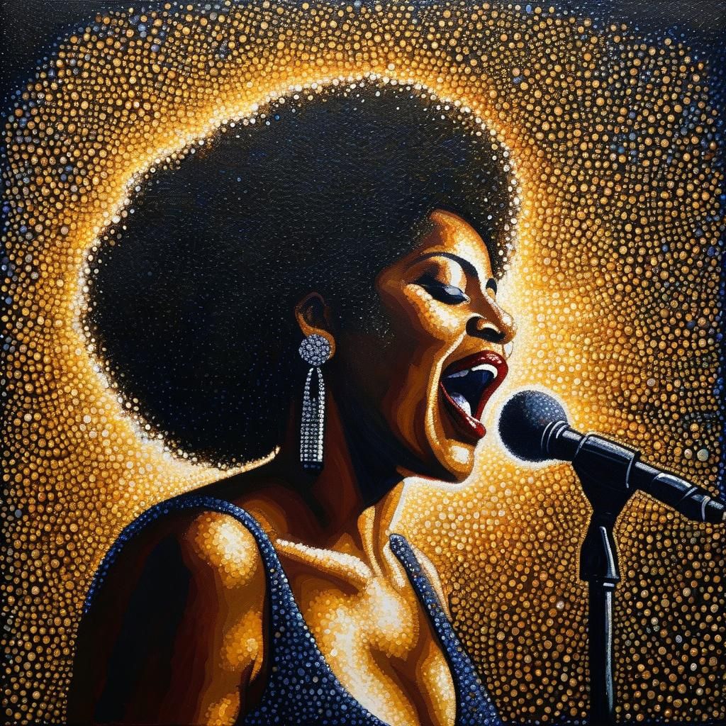 Pointillist Jazz Singer on Stage Painting