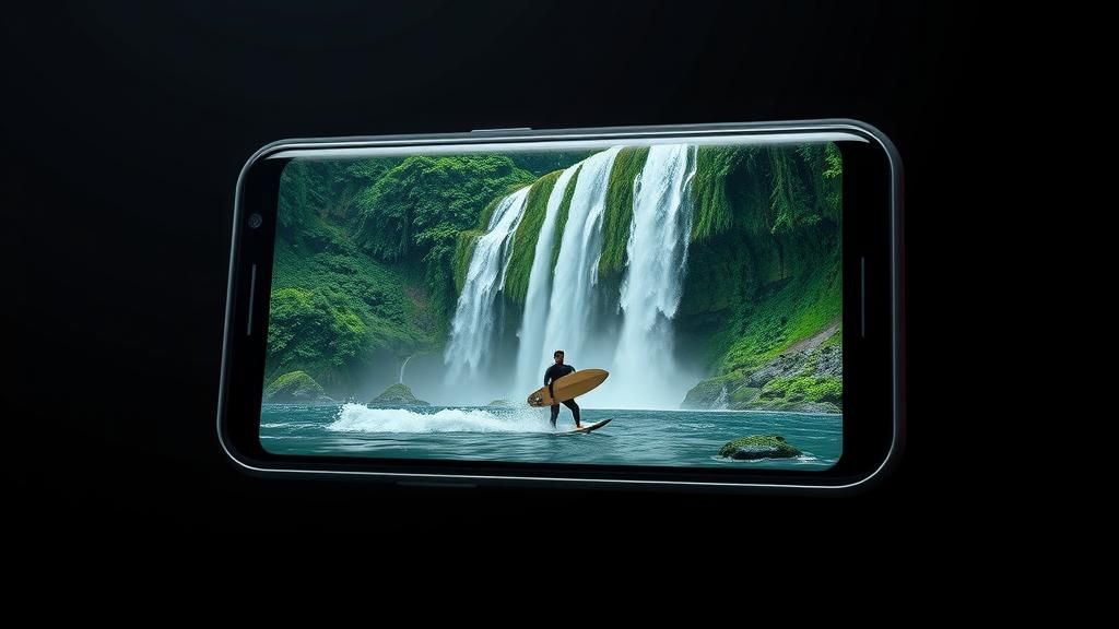 Smartphone Displays Waterfall in Photorealistic 3D Rendering