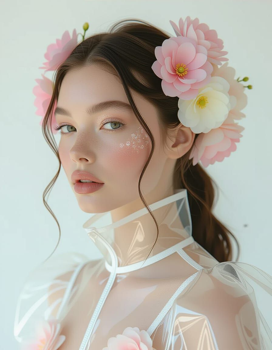 Ethereal Woman in Pastel Plastic Outfit with Flowers