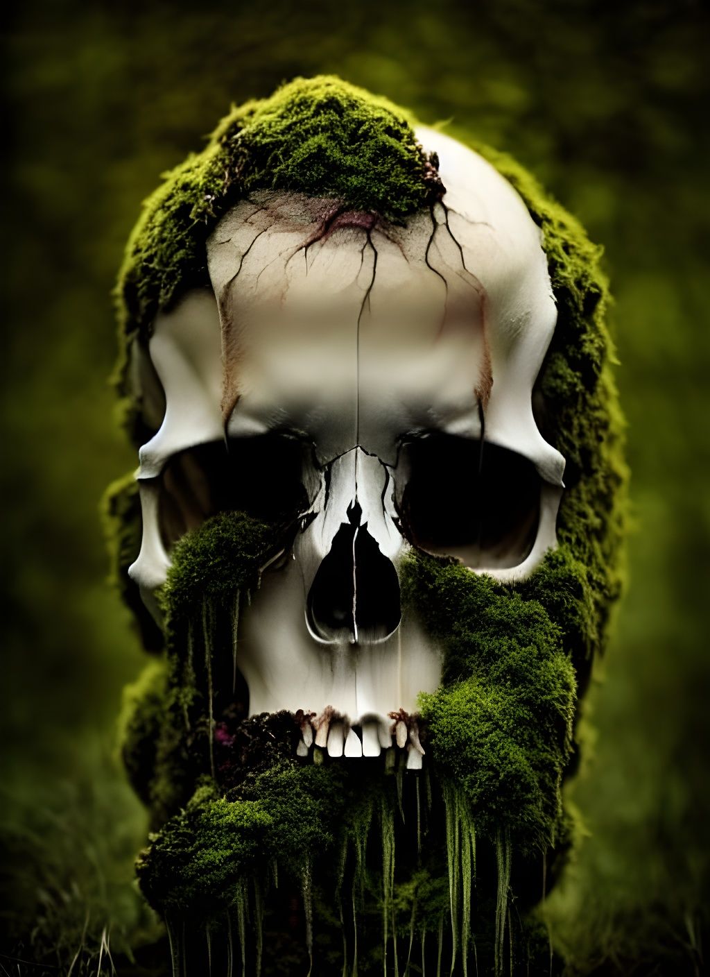 Moss-Covered Skull in Sinister Surreal Photography