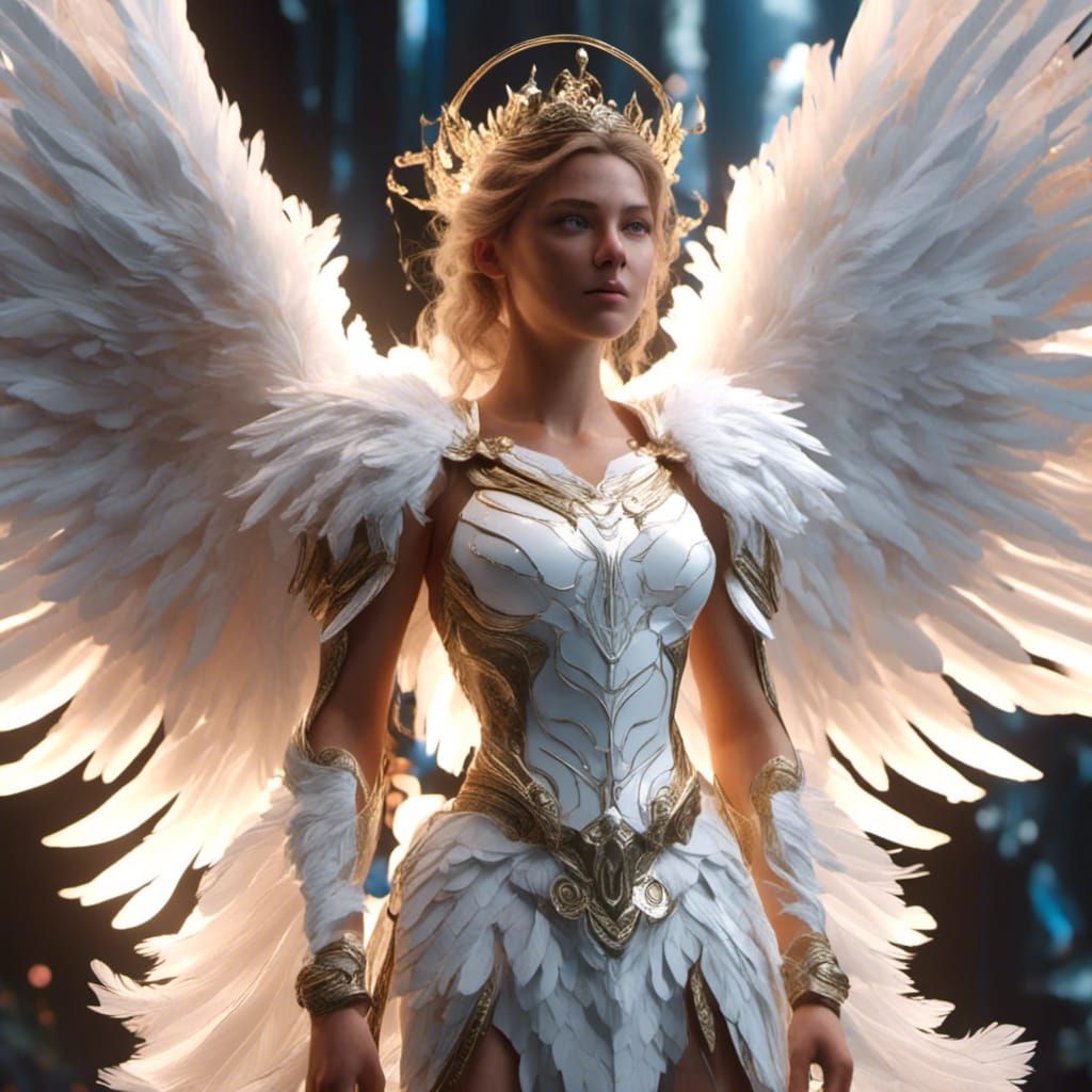 Hyperrealistic Archangel Girl with White Wings and Halo