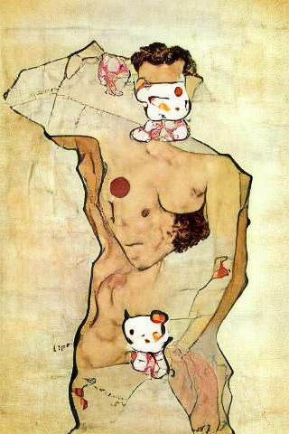 Egon Schiele Nude with Hello Kitty, Expressionist Style