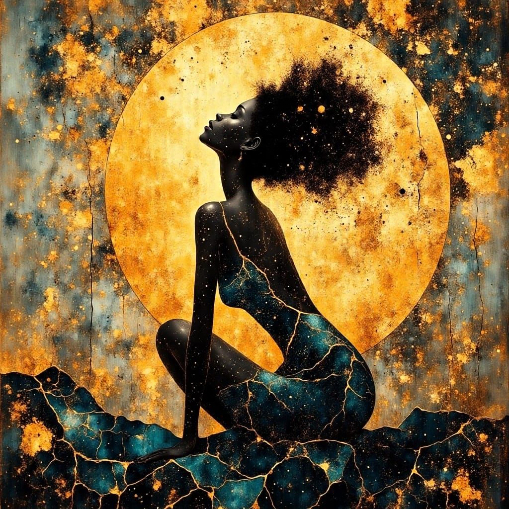 African Goddess in Kintsugi Moonlight, Klimt Style
