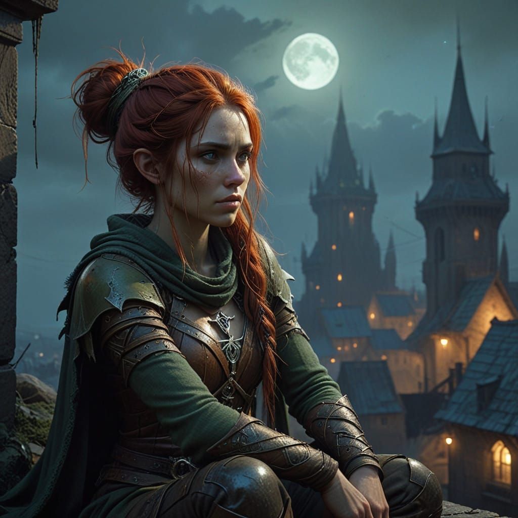 Cyberpunk Fantasy Warrior in Moonlit Rooftop Solitude