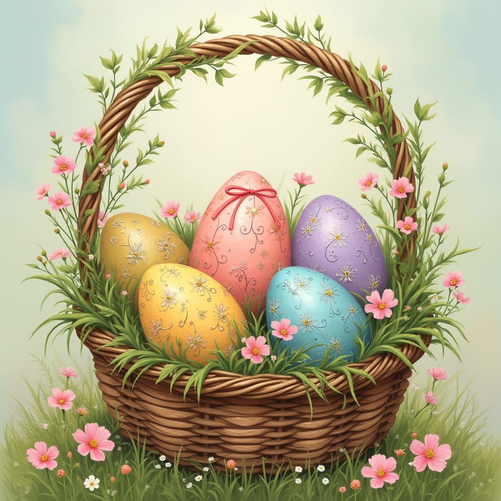 Whimsical Easter Eggs in a Floral Wicker Basket
