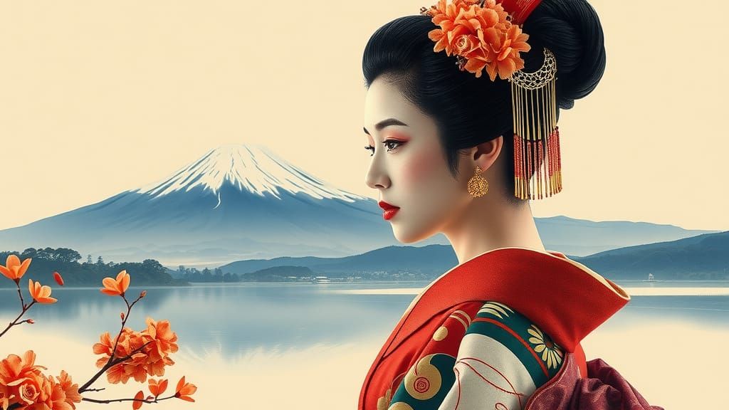 Double Exposure Portrait with Ukiyo-e Landscape