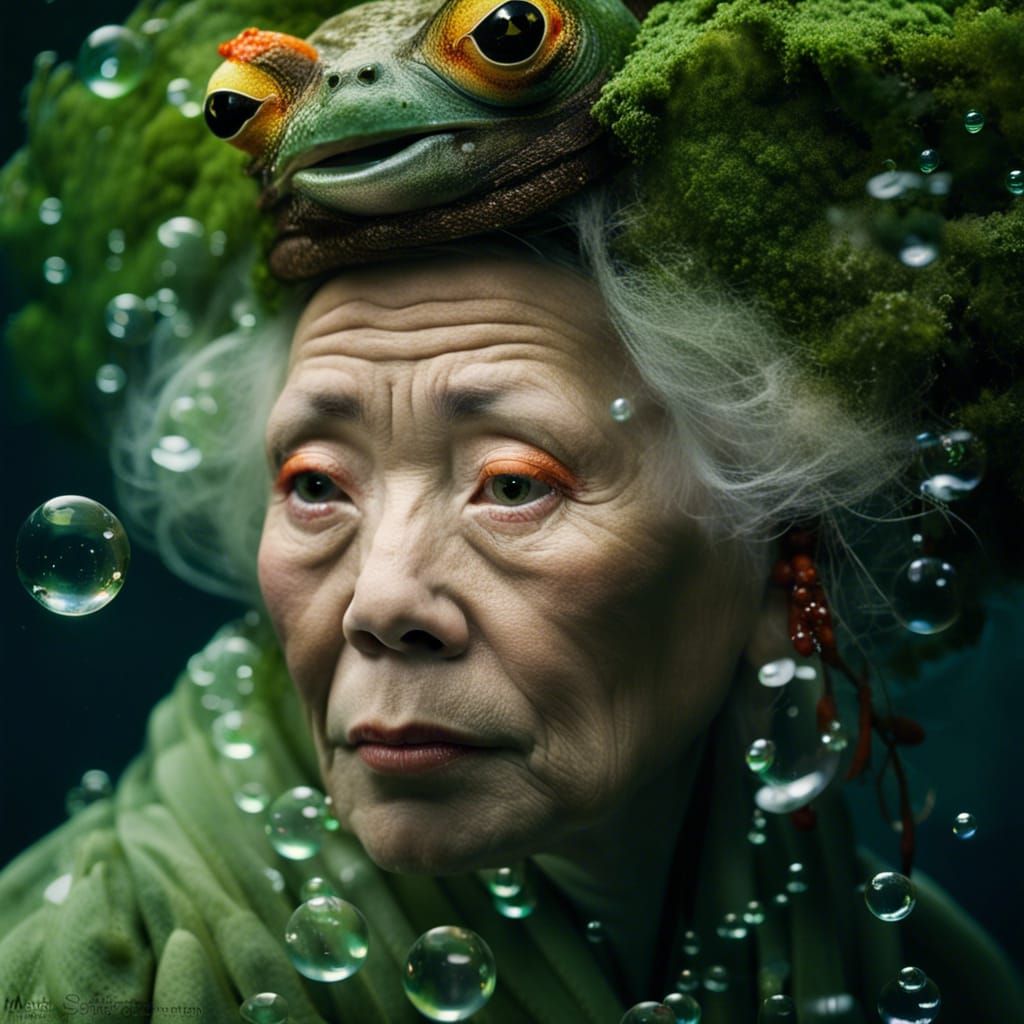 Mossy Frog Queen Geisha Portrait in Studio Lighting
