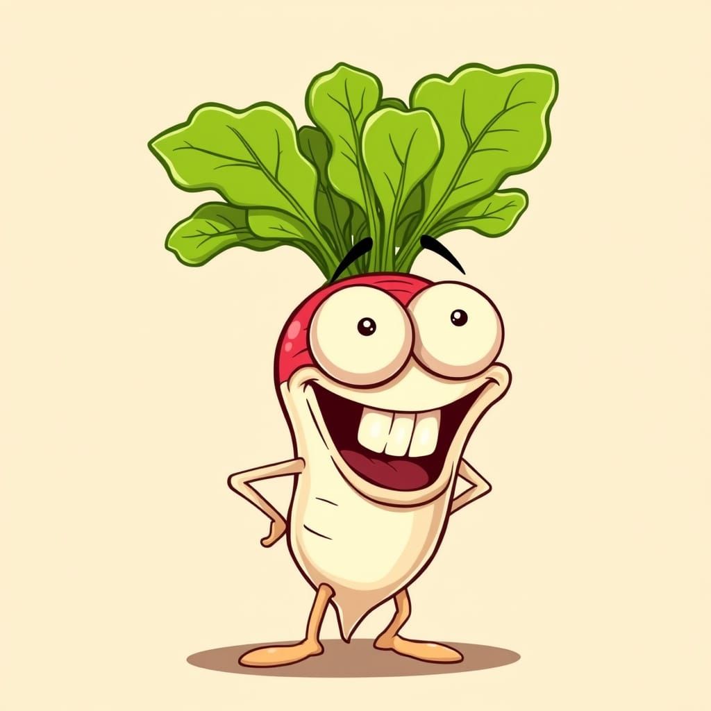 Hysterical cartoon radish with googly eyes