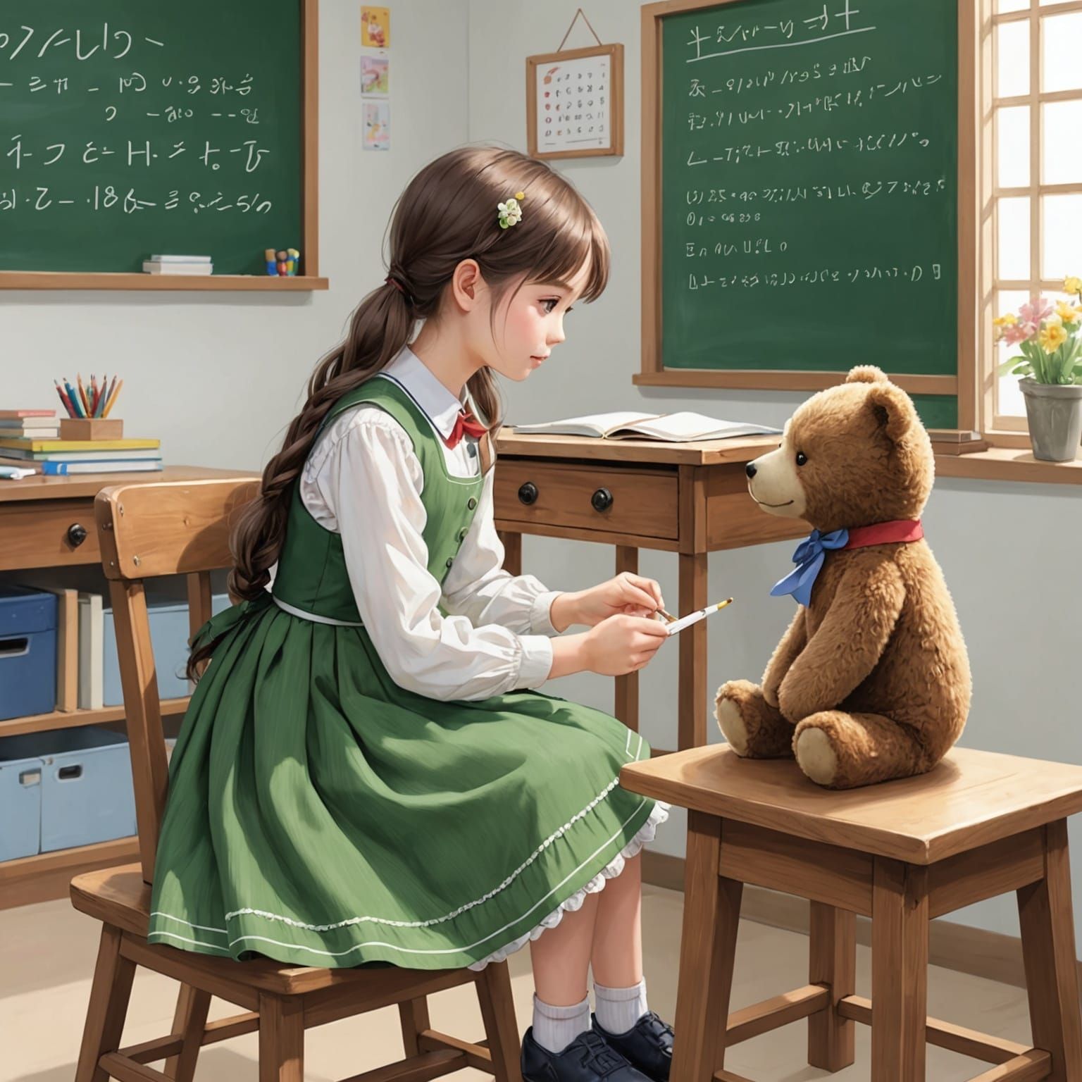 Girl Playing Teacher with Doll in Anime Style
