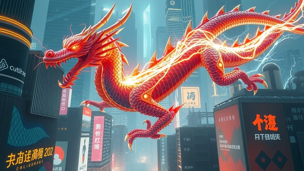Nanobot Dragon Soaring Through Cyberpunk Cityscape