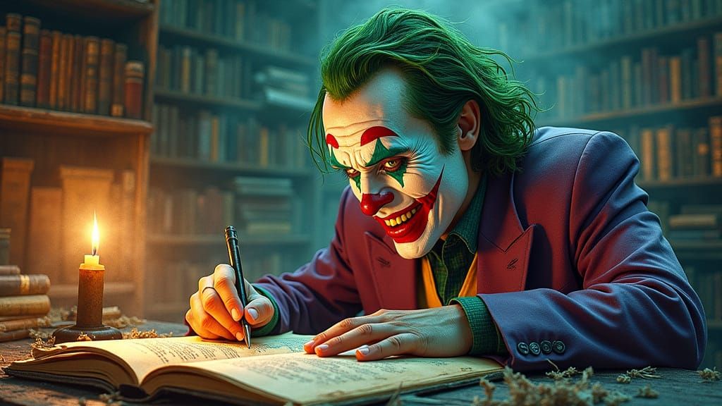 Joker Hologram Unfolds in Candlelit Archive Watercolor