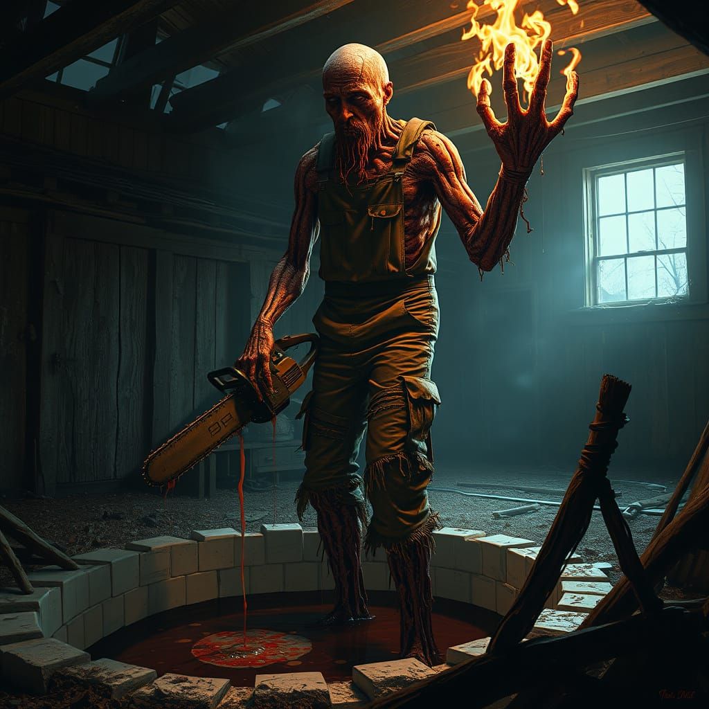 Flesh Golem Chainsaw Horror in Overalls