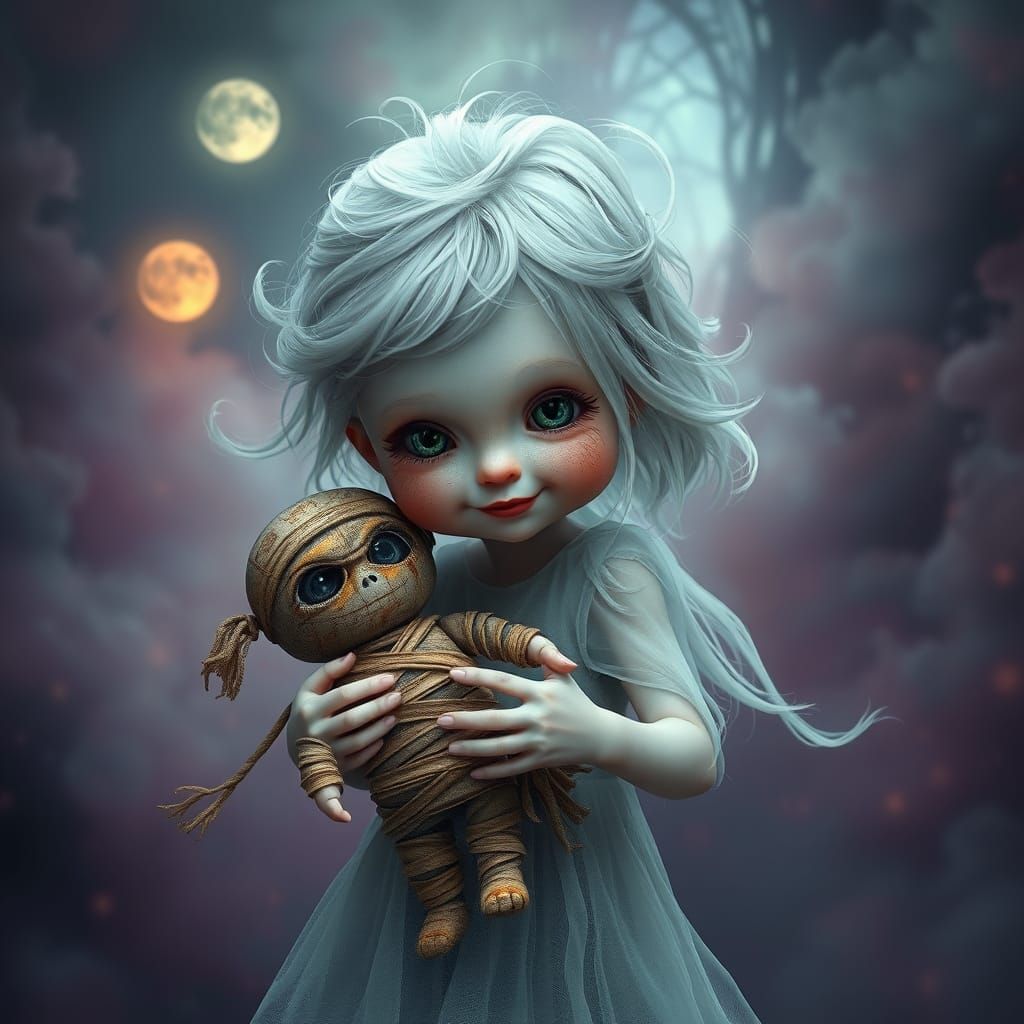 Whimsical Ghost Girl Holding Antique Mummy Doll in Dreamlike...