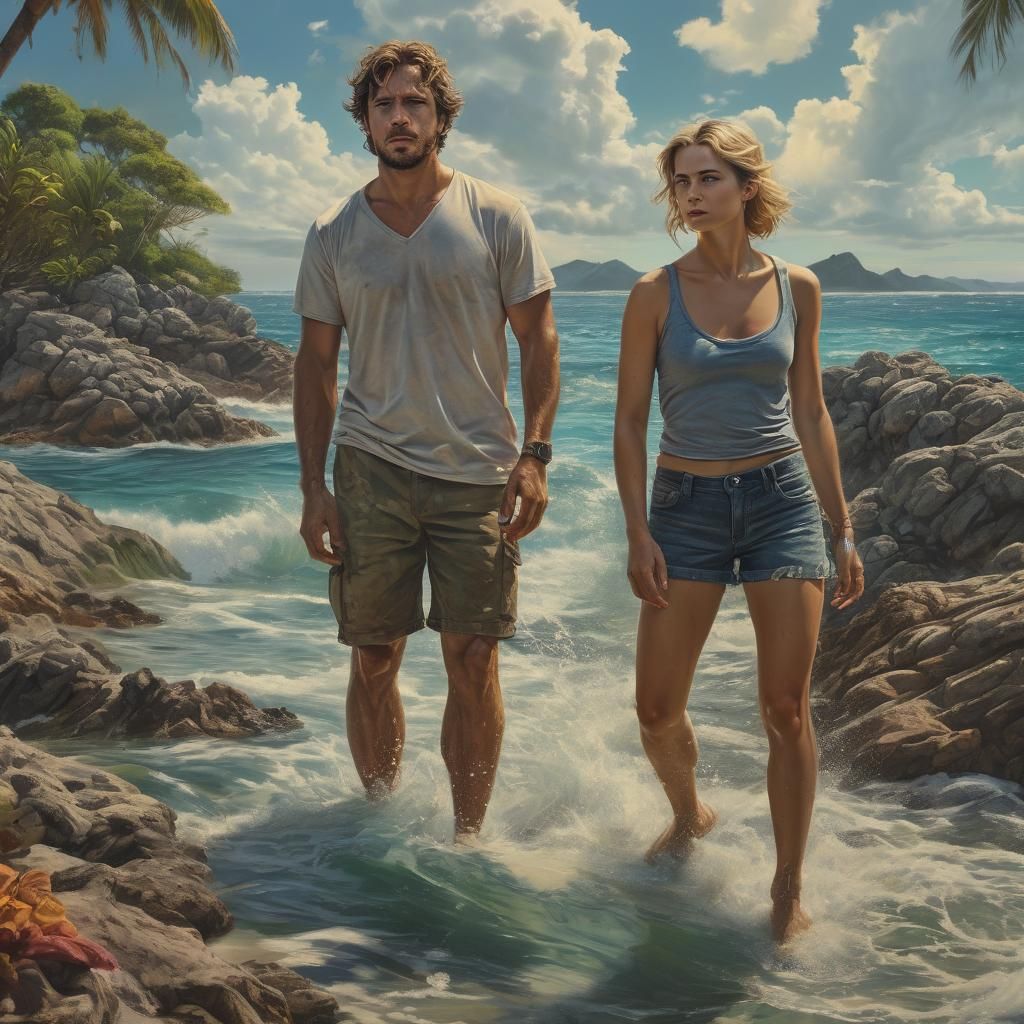 Movie poster featuring couple stranded on lizard island