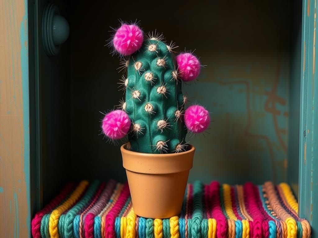 Pompom Cactus on Woollen Shelf in Surreal Folk Art Style