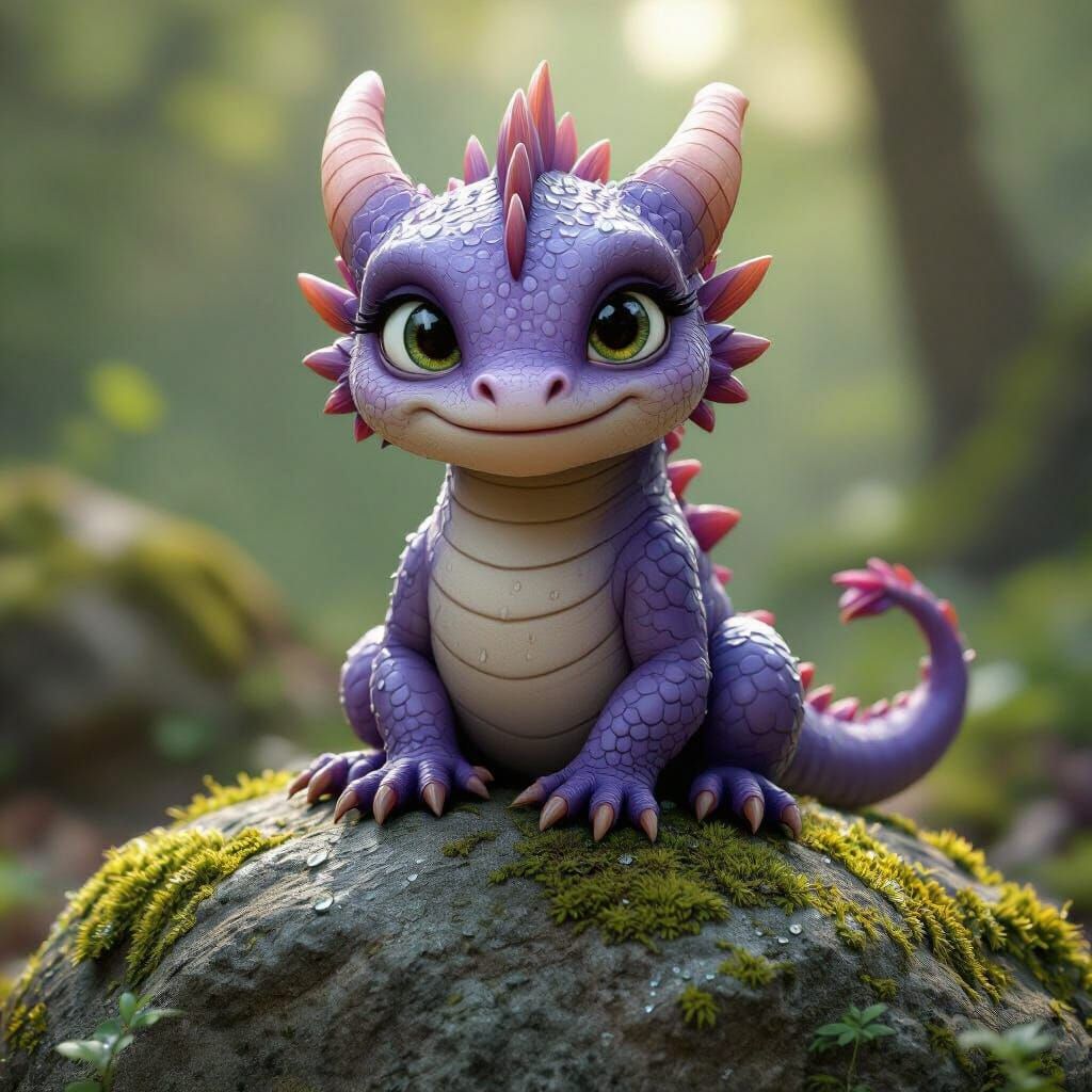 Adorable Sassy Dragon on Mossy Rock