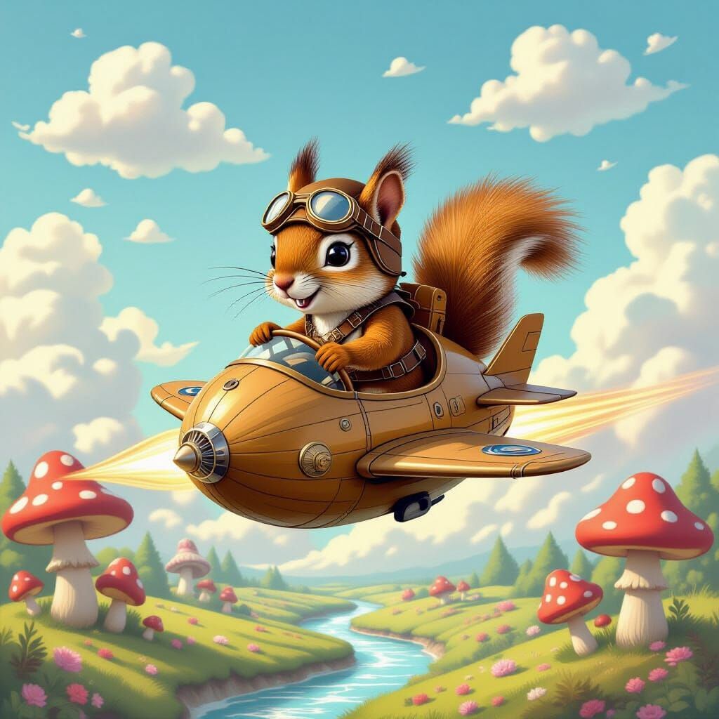 Squirrel Pilot in Steampunk Acorn Ship