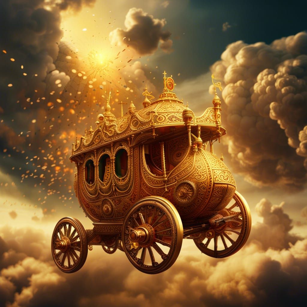 Golden Chariot Flies in Ethereal Fantasy Landscape