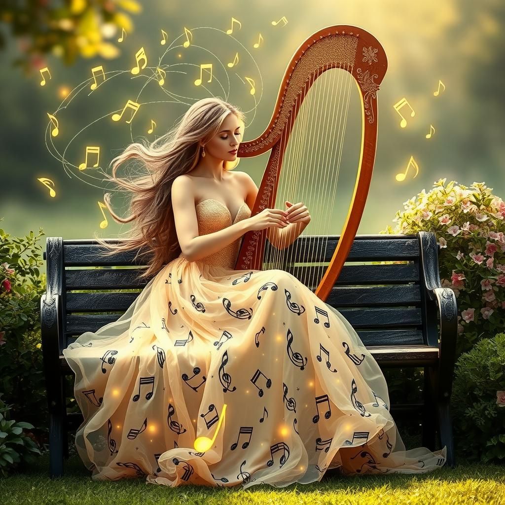 Magical Harpist in Whimsical Fantasy Garden