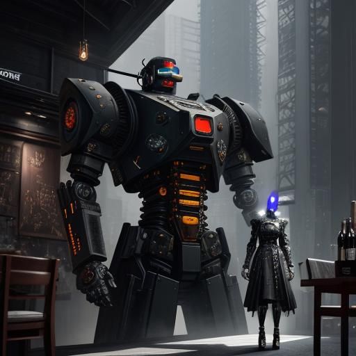 Goth Fashion Robot in Coffee Shop, Black and White