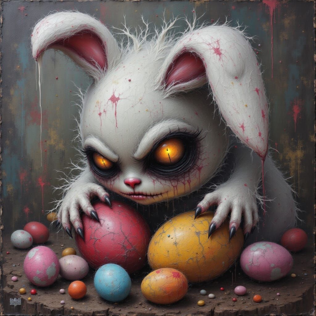 Surreal Easter Bunny Hides Treasures in Whimsical Landscape