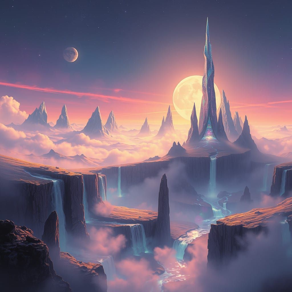 Dreamlike Fantasy Realm with Iridescent Mists and Crystal Sp...