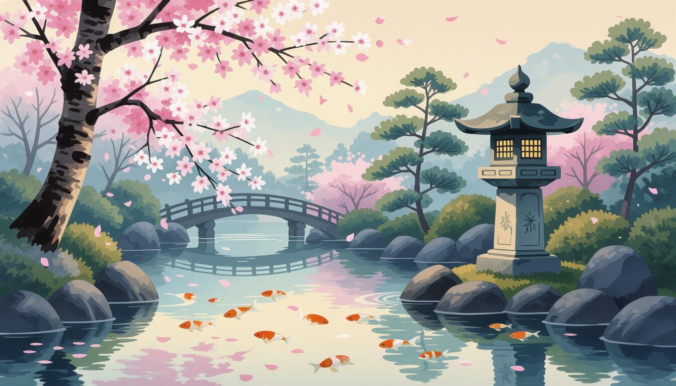 A serene Japanese garden at dawn, with cherry blossoms gentl...