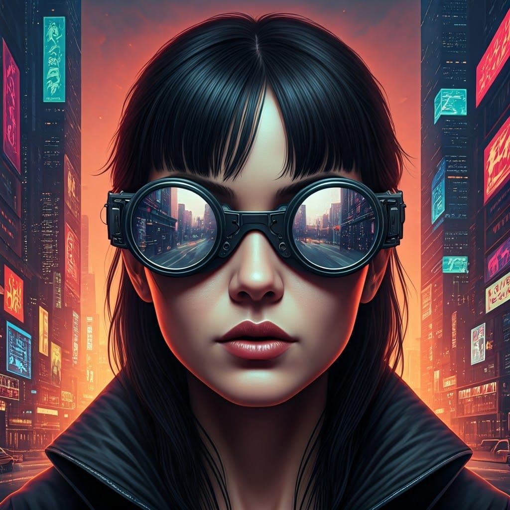 Woman in Futuristic Goggles Contemplates Dystopian Cityscape