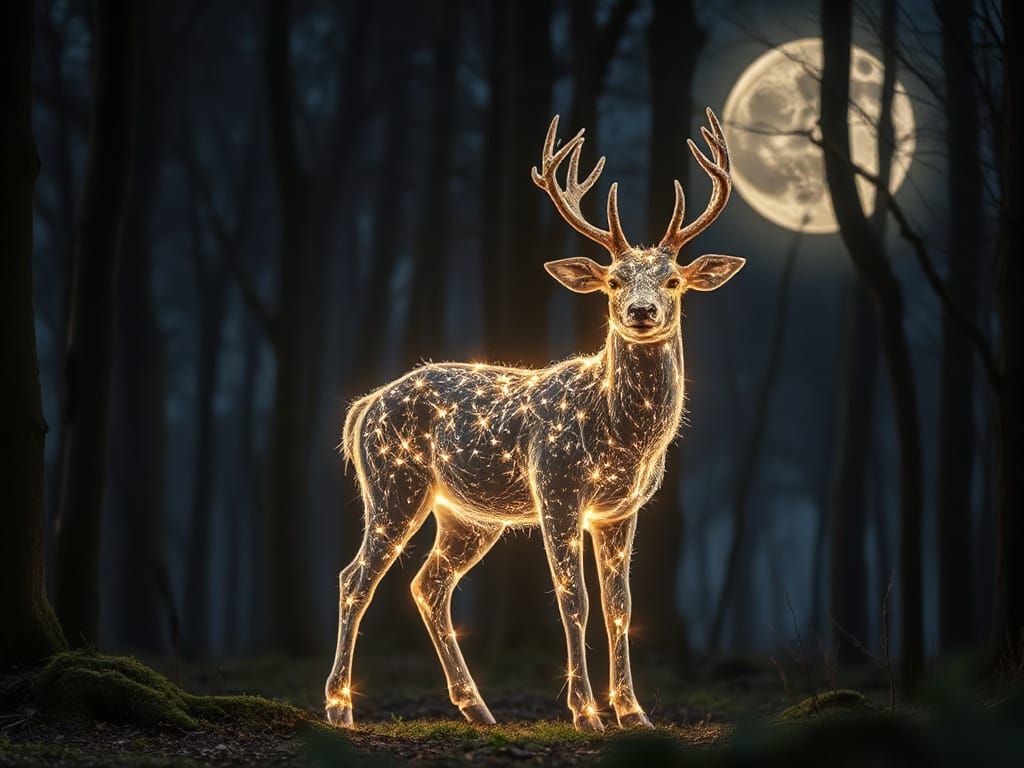 Luminous Stardust Deer in Moonlit Forest