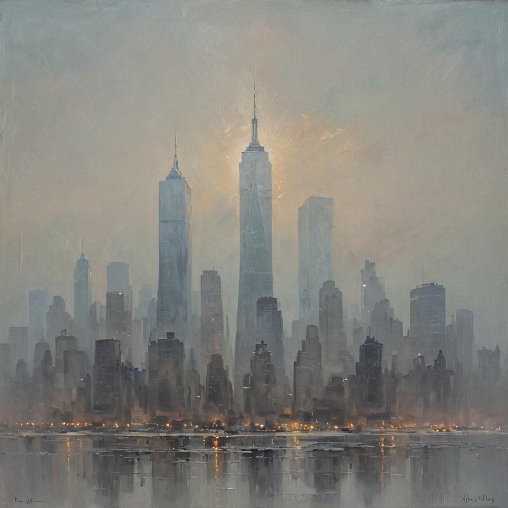 Foggy New York Skyline: An Impressionistic Oil Painting