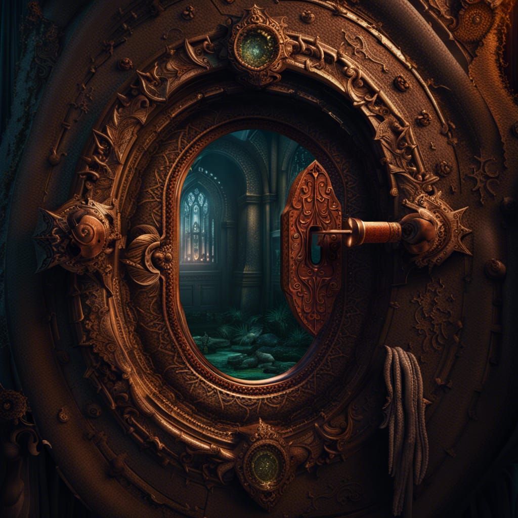 Someone looking through a keyhole in an ancient door.