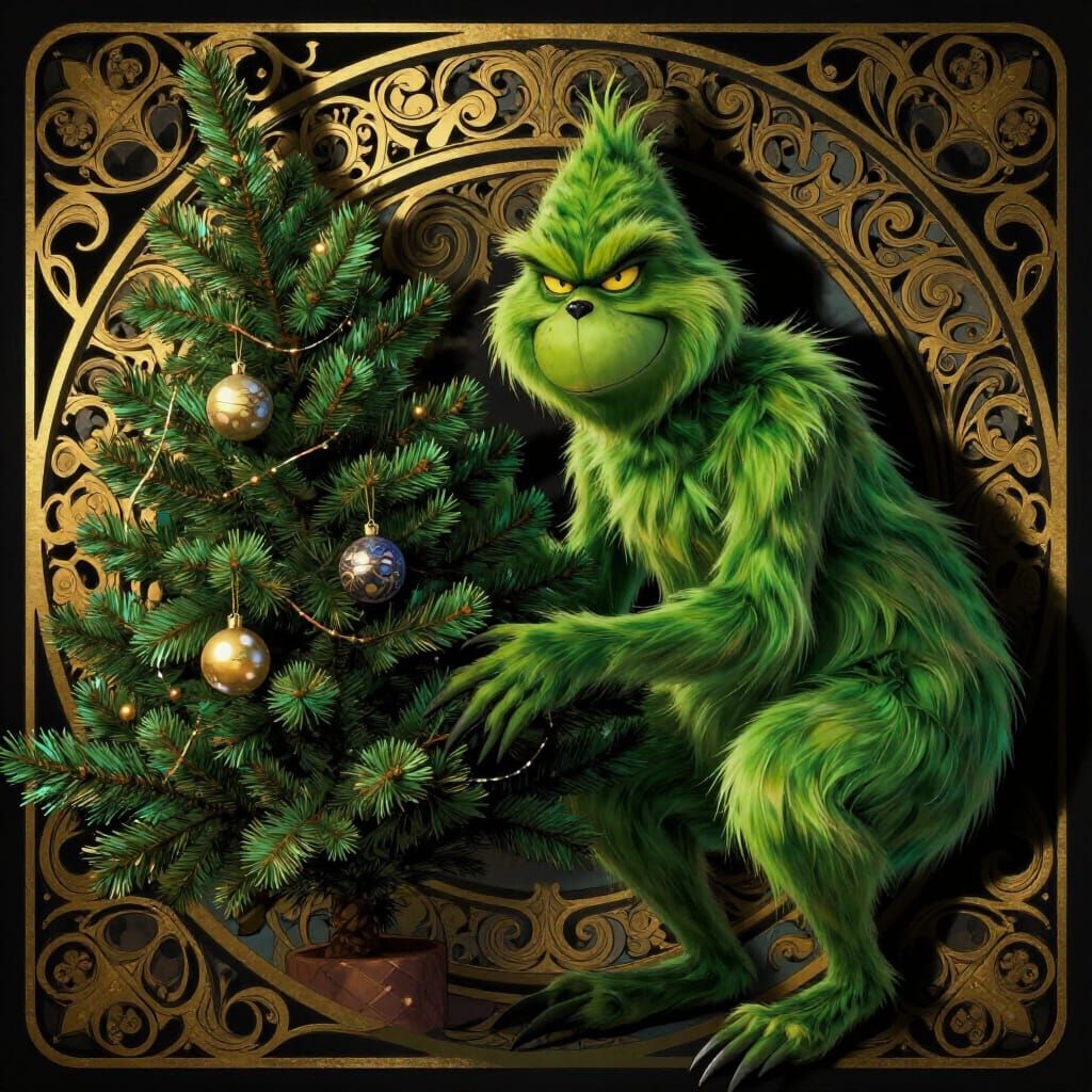 The Grinch Steals a Christmas Tree in Art Nouveau Style