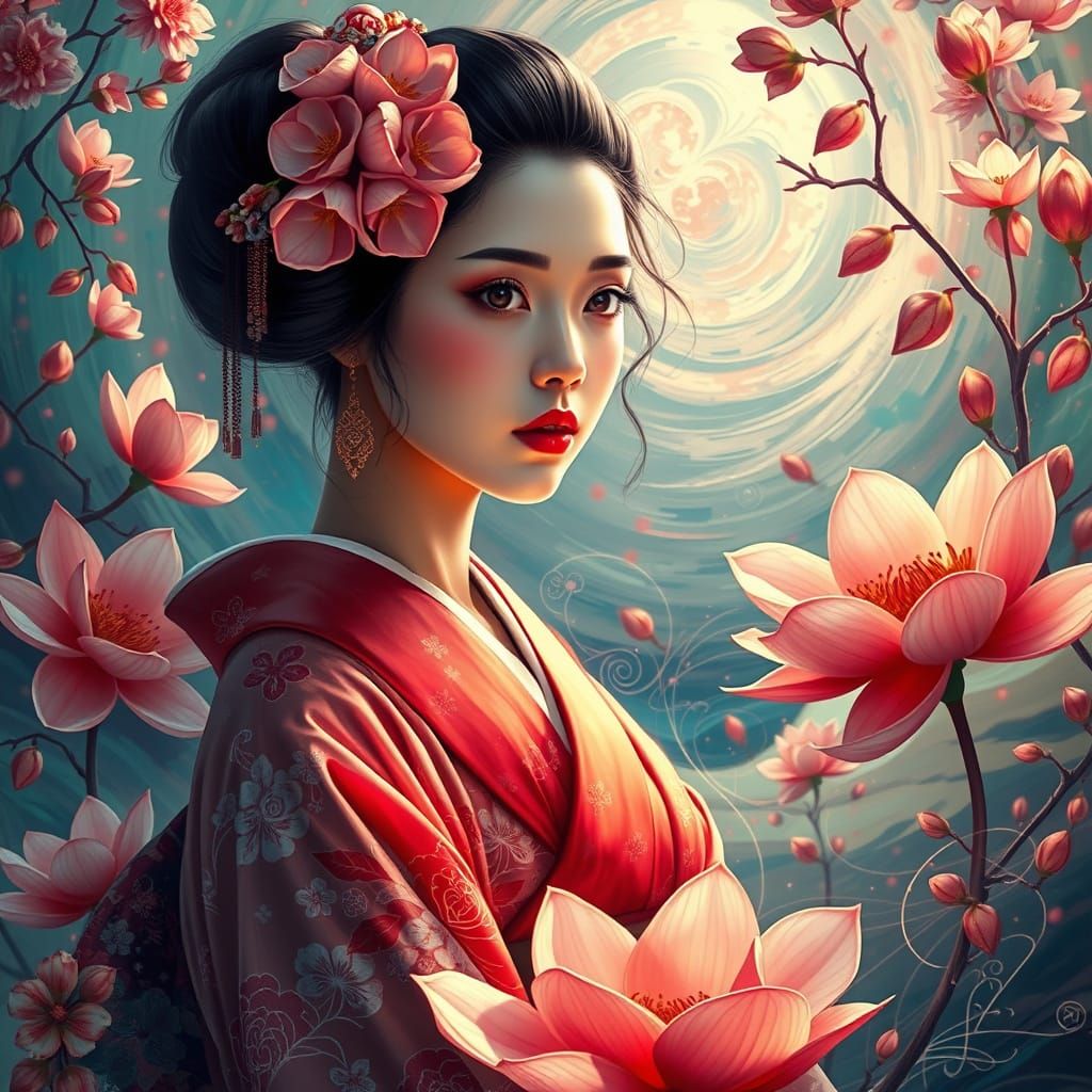 Geisha Surrounded by Flowers in Hyperrealistic Splash Art