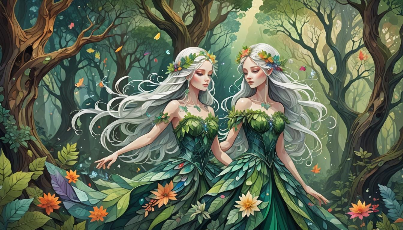 Crystal Fairy in Enchanted Forest with Rainbow Flowers