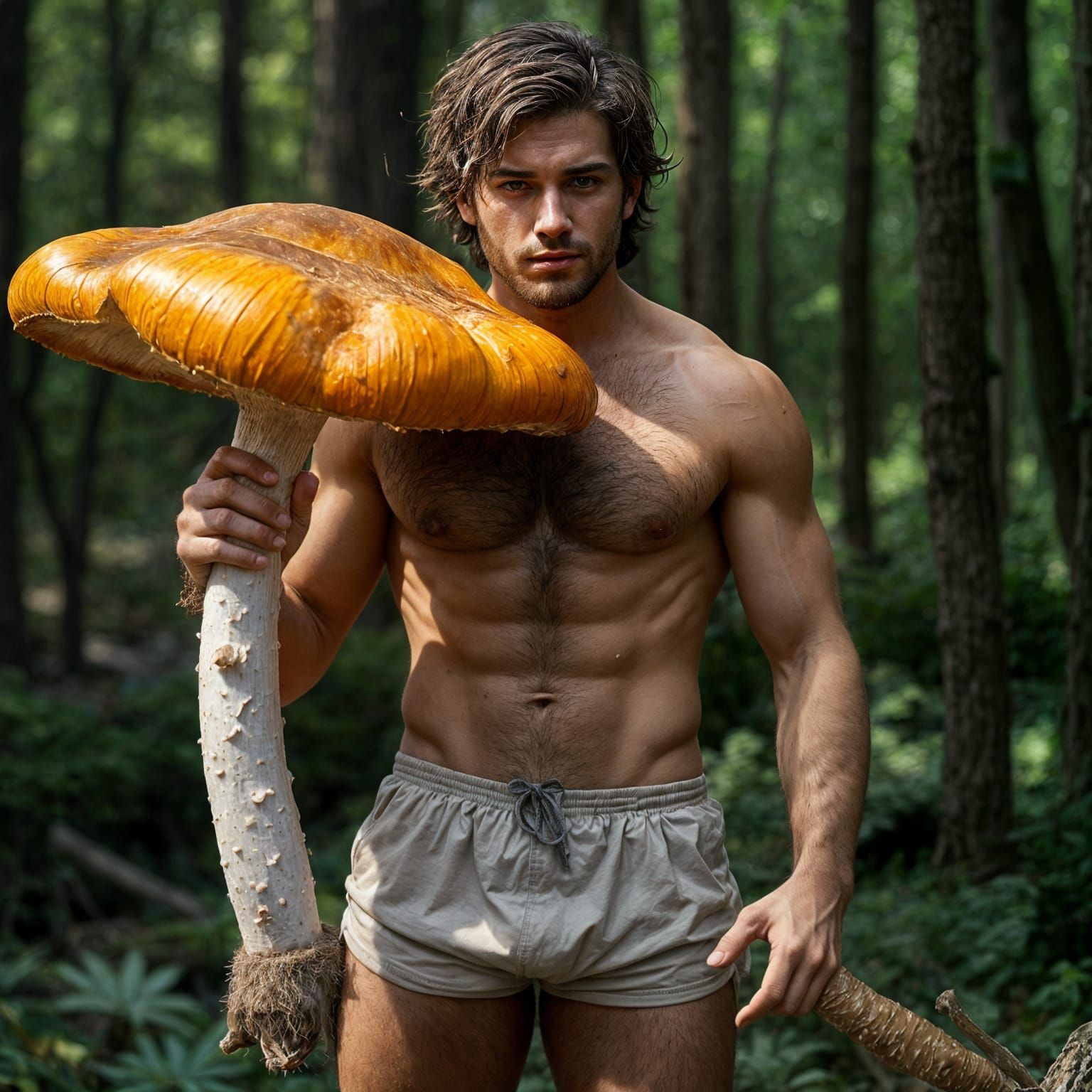 Rugged European Man Holds Giant Stinkhorn Mushroom in Hyper-...