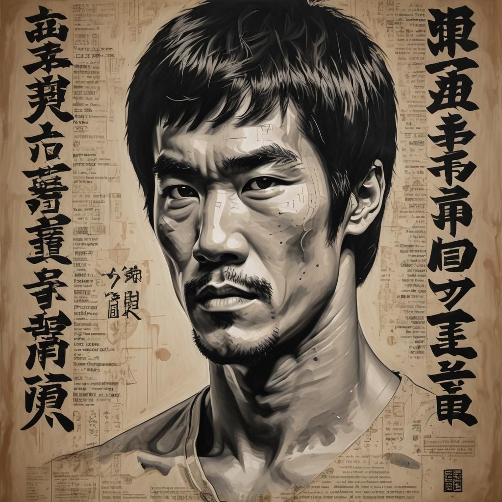 Bruce Lee Portrait with Typography in Impasto Style
