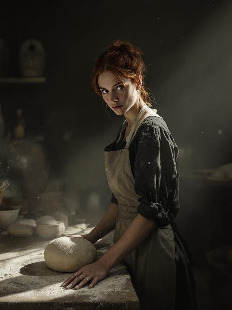 Redhead Baker's Bold Gaze in Kitchen, Transcendental Style