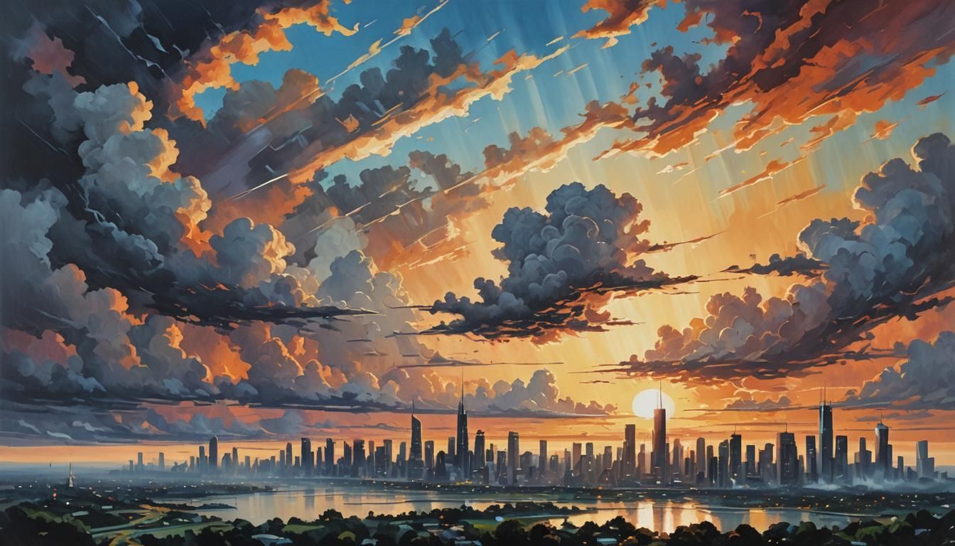 Dramatic Sunrise Skies in a Futuristic Cityscape