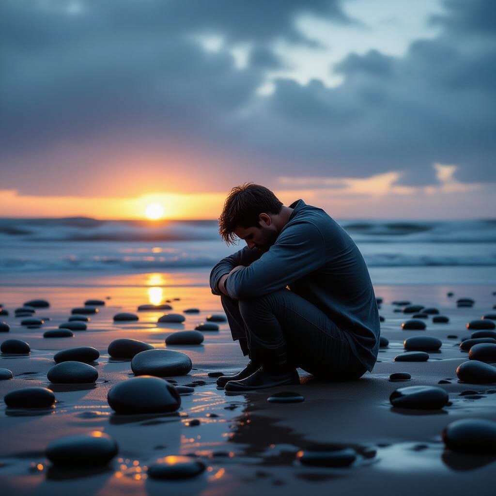 Man on Rainy Beach at Dusk, Overcome by Grief