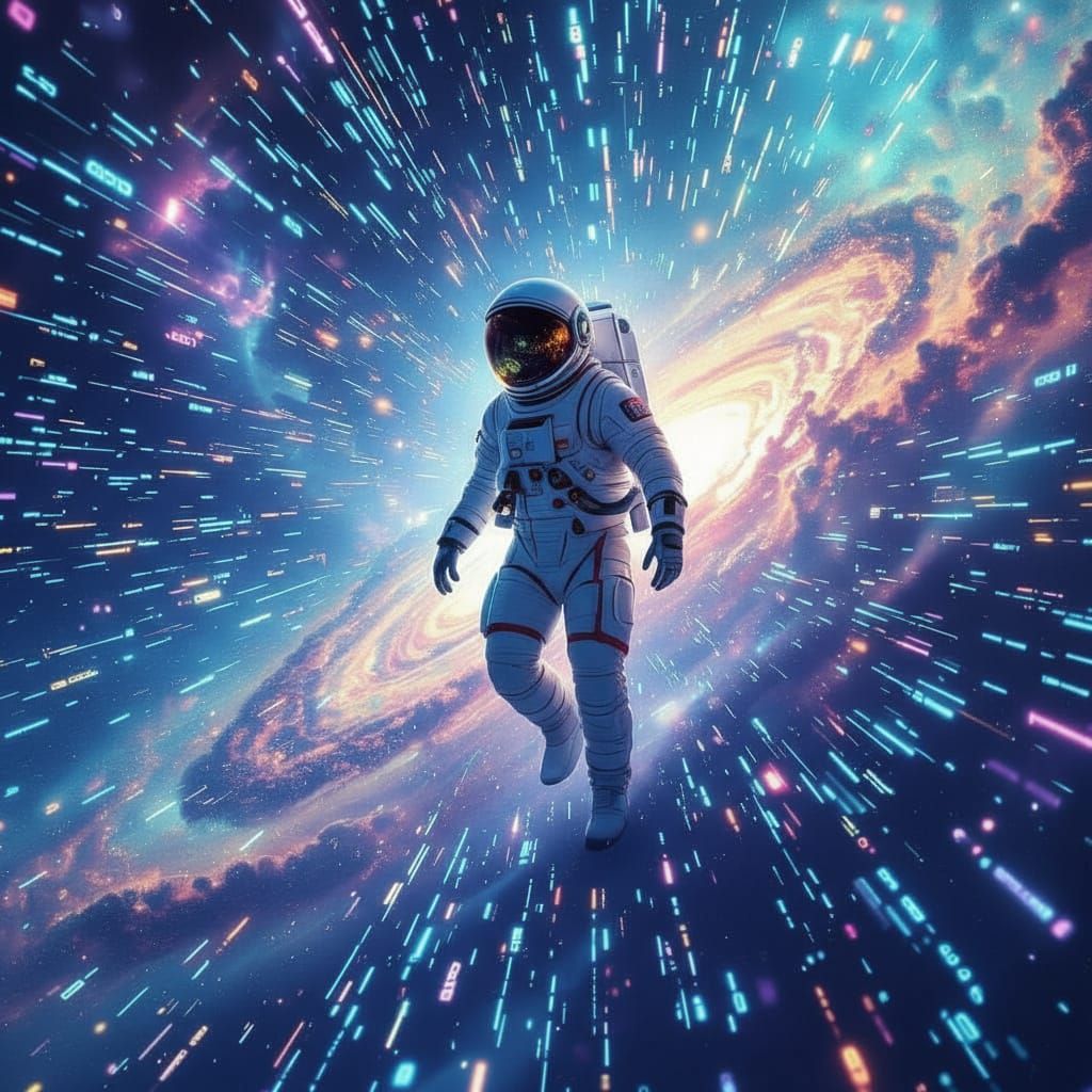 Astronaut Explores Nebula of Shimmering Digital Code