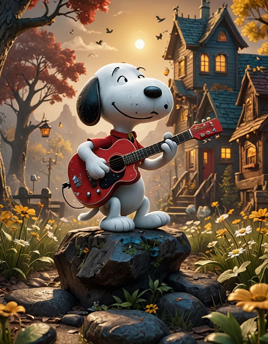 Snoopy Plays Guitar: Detailed Fantasy Art